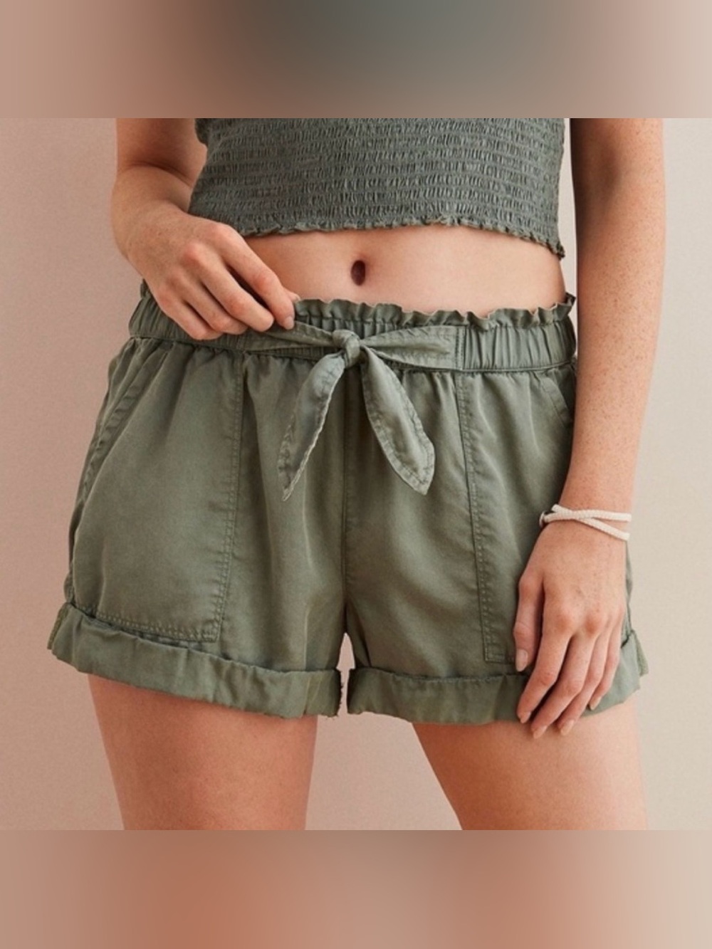 aerie Olive Green Paperbag Waist Lyocell Tie Front Shorts Size Small